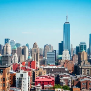 Aerial view of New York City highlighting residential and commercial buildings.