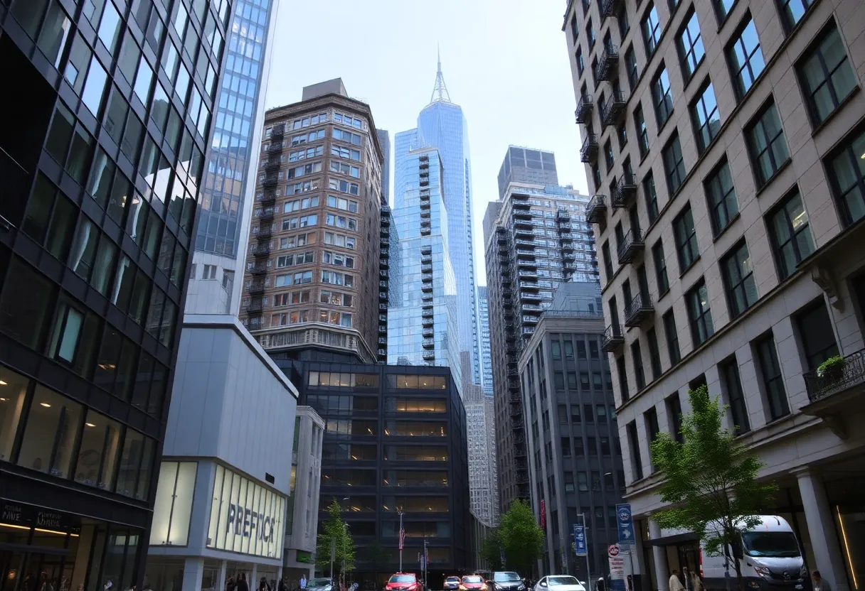 Urban landscape of New York City with office spaces and residential buildings