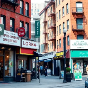 A bustling NYC street with diverse small businesses.