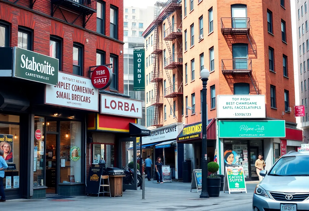 A bustling NYC street with diverse small businesses.