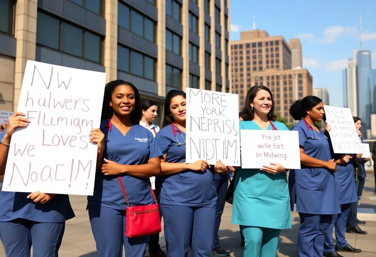 Midwives holding protest signs in front of a hospital in New York City