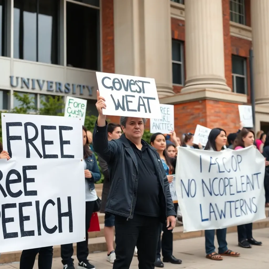 Protesters holding banners at NYU Law School