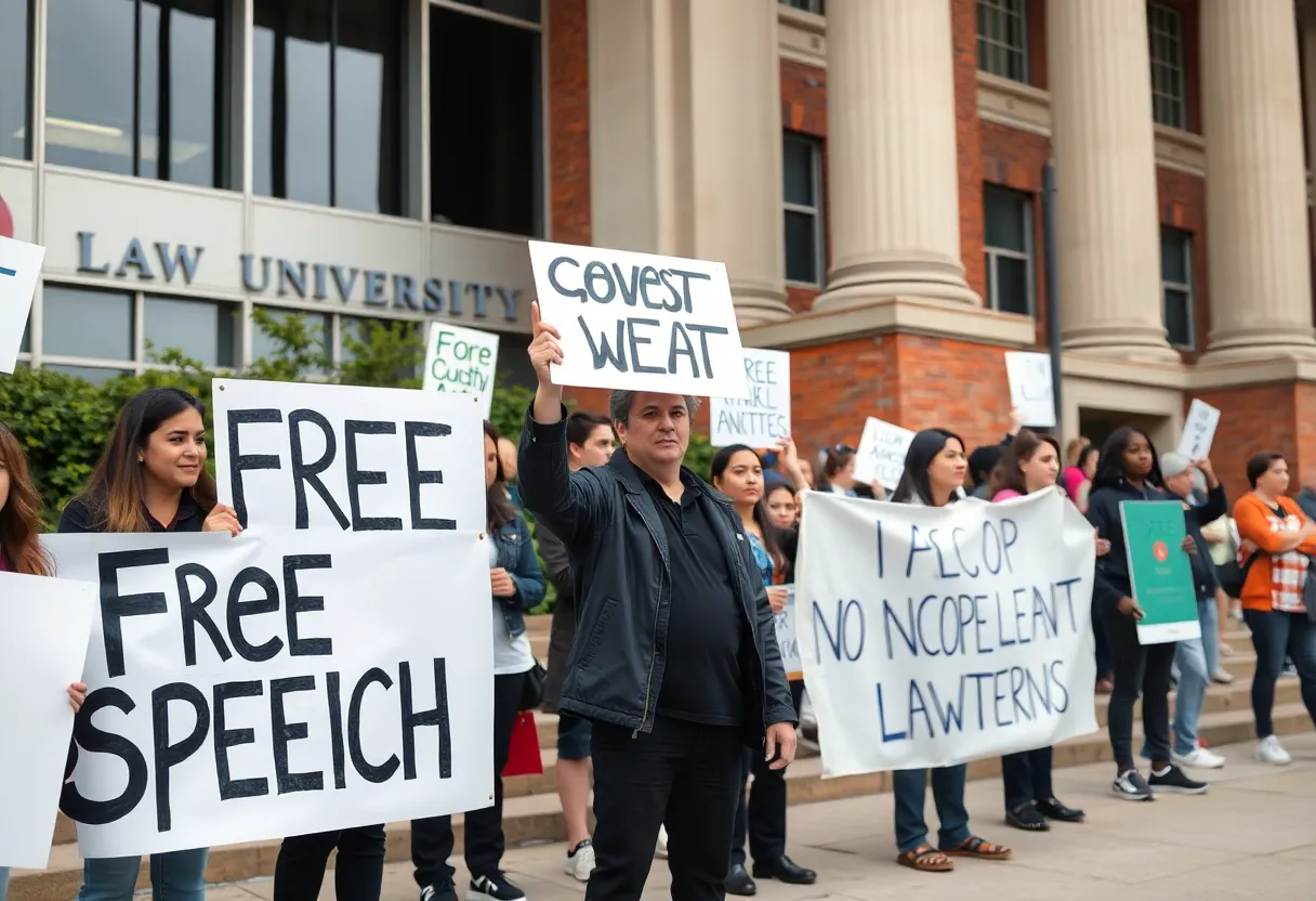 Protesters holding banners at NYU Law School