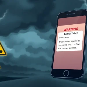 Illustration of a smartphone showing a fraudulent traffic ticket message warning about a phishing scam.