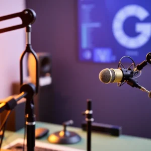 Engaging podcast studio with microphones