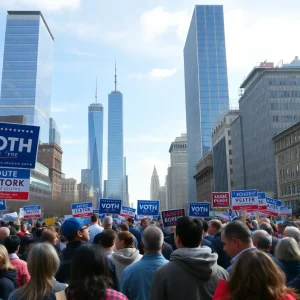 Crowd engaging in a political campaign scene in New York