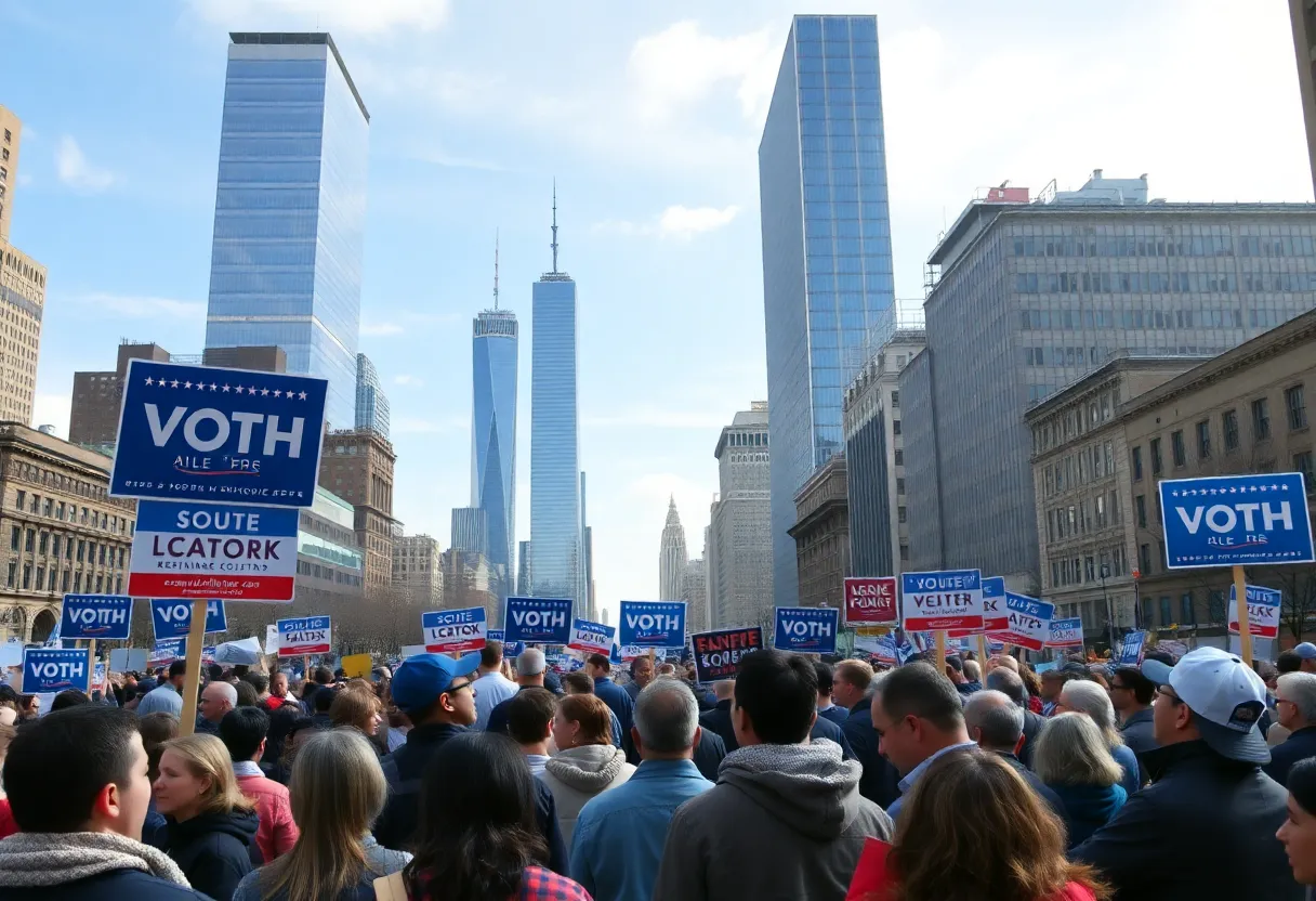 Crowd engaging in a political campaign scene in New York