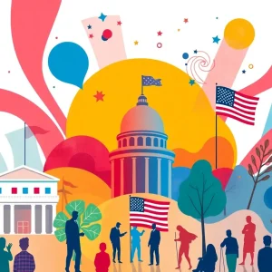 Abstract representation of a political campaign with symbols of governance.