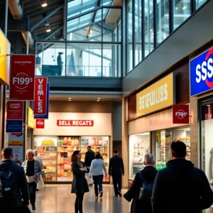 A busy retail street with shoppers and storefronts reflecting economic activity.
