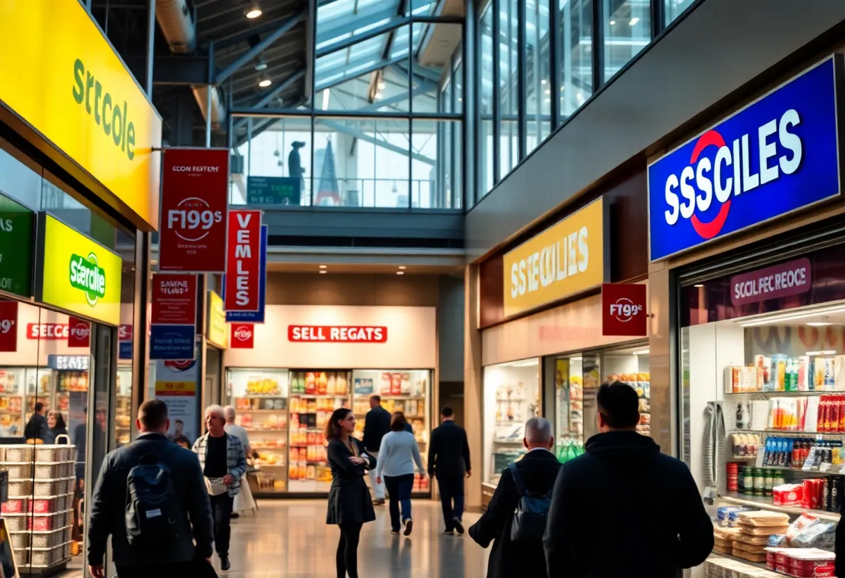 A busy retail street with shoppers and storefronts reflecting economic activity.