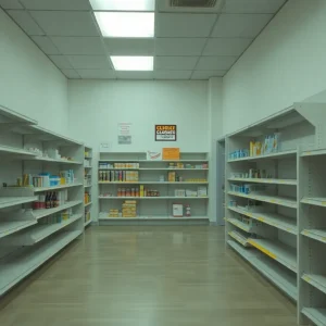 Empty shelves in a Rite Aid pharmacy due to closure