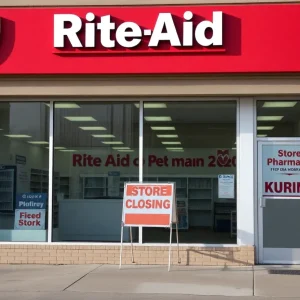 Closed Rite Aid pharmacy with empty windows and store closing sign