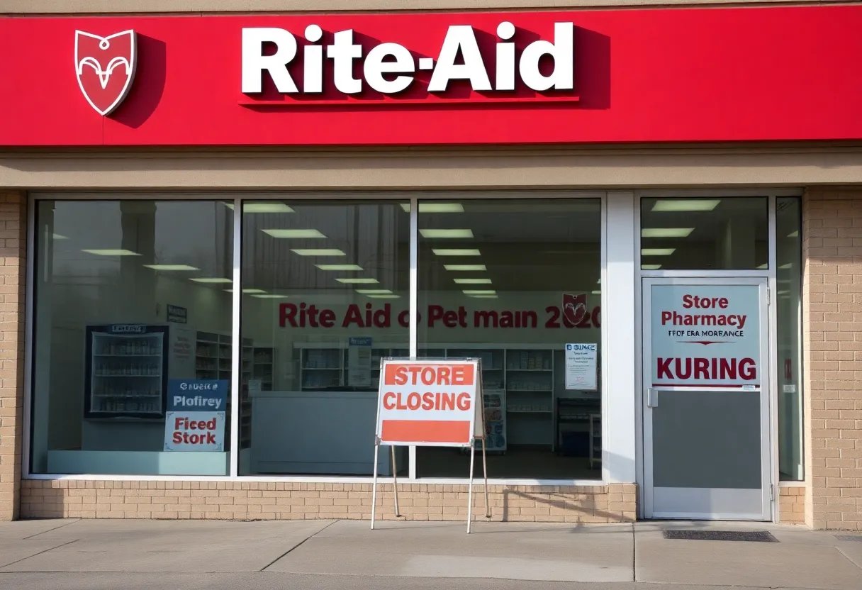 Closed Rite Aid pharmacy with empty windows and store closing sign