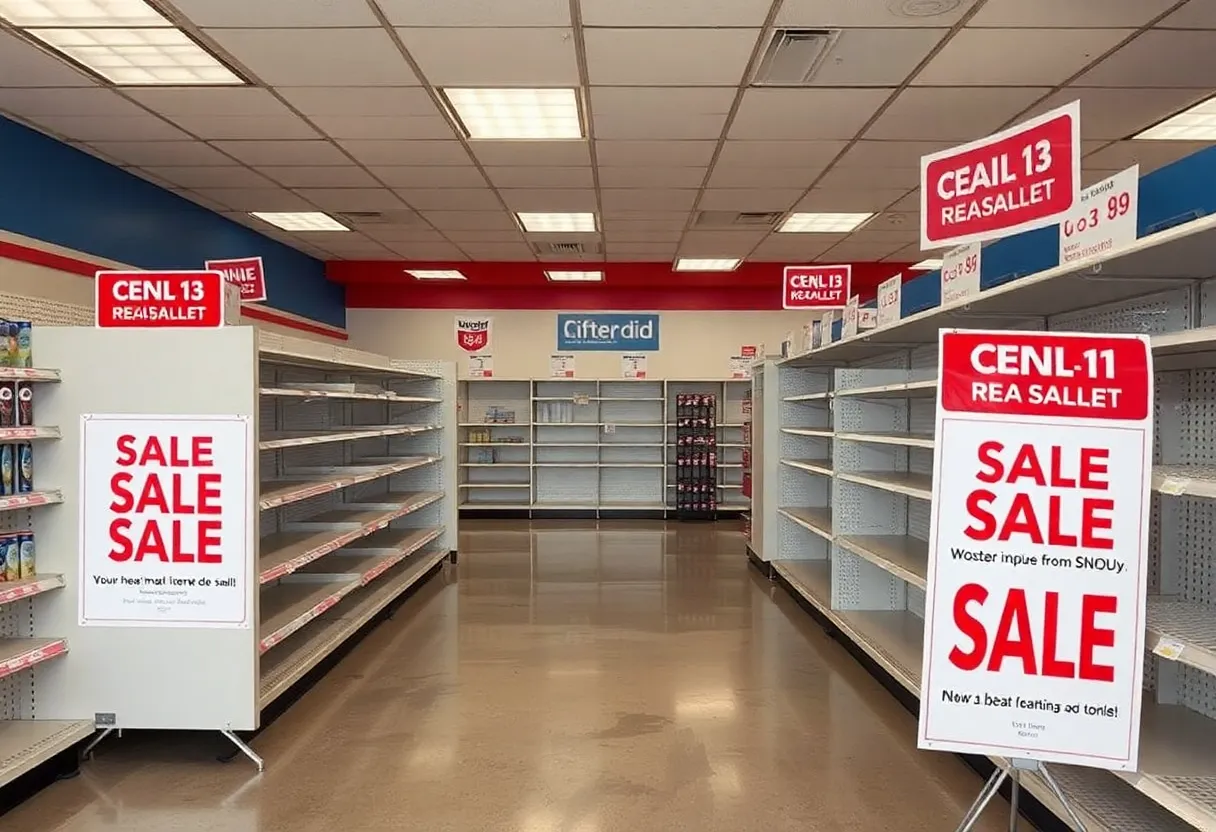 Empty shelves inside a closed Rite Aid store