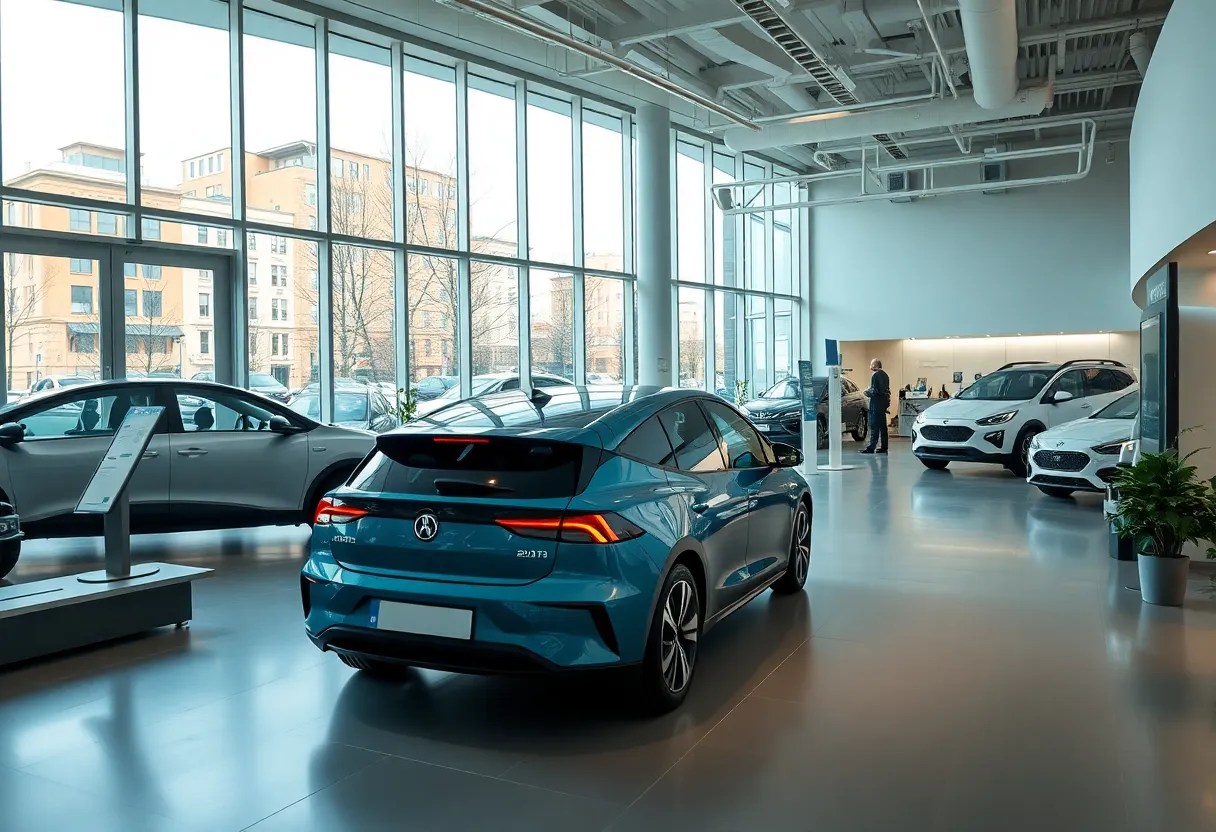 Rivian experience store interior featuring interactive displays and electric vehicles.