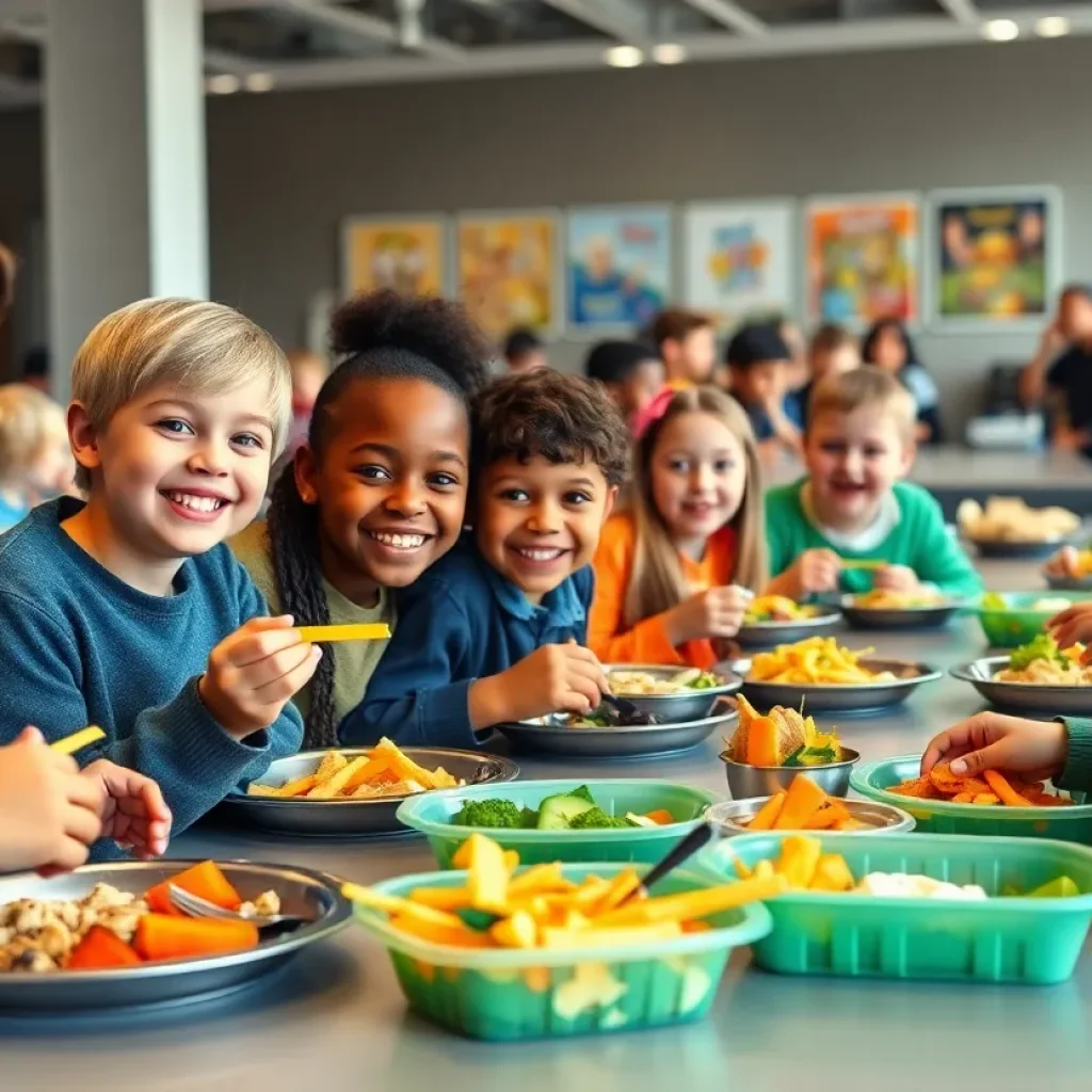 Children sharing meals in a school cafeteria
