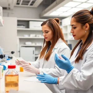 Interior view of the Seckin Endometriosis Research Center with researchers working on endometriosis studies.