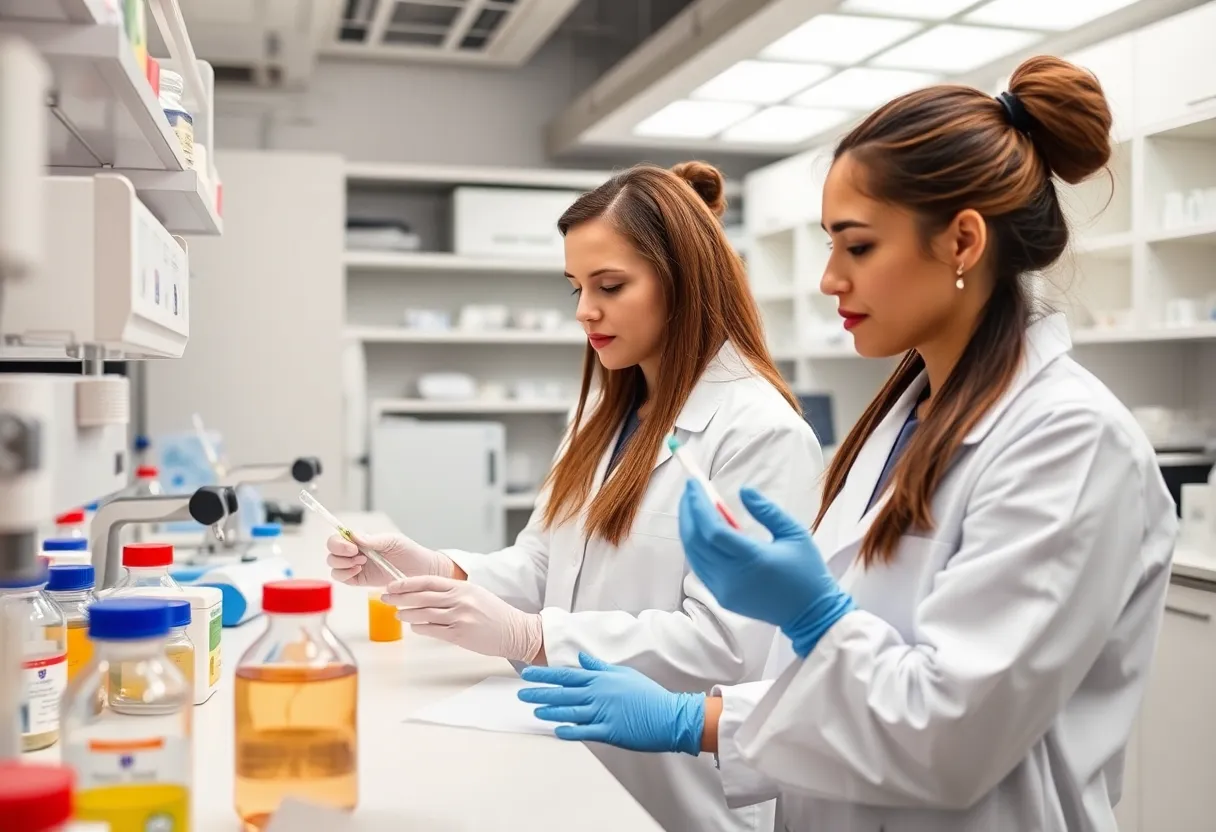 Interior view of the Seckin Endometriosis Research Center with researchers working on endometriosis studies.