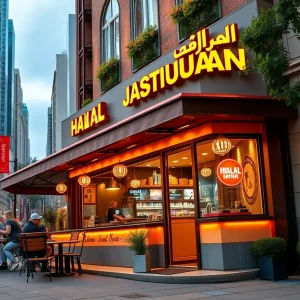 Exterior view of Shah's Halal restaurant on Upper West Side, NYC
