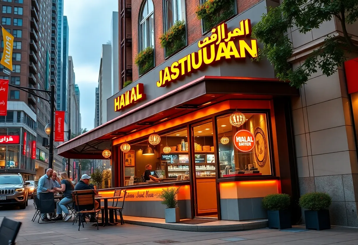 Exterior view of Shah's Halal restaurant on Upper West Side, NYC