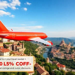 Airplane in flight over a beautiful European landscape symbolizing travel discounts.