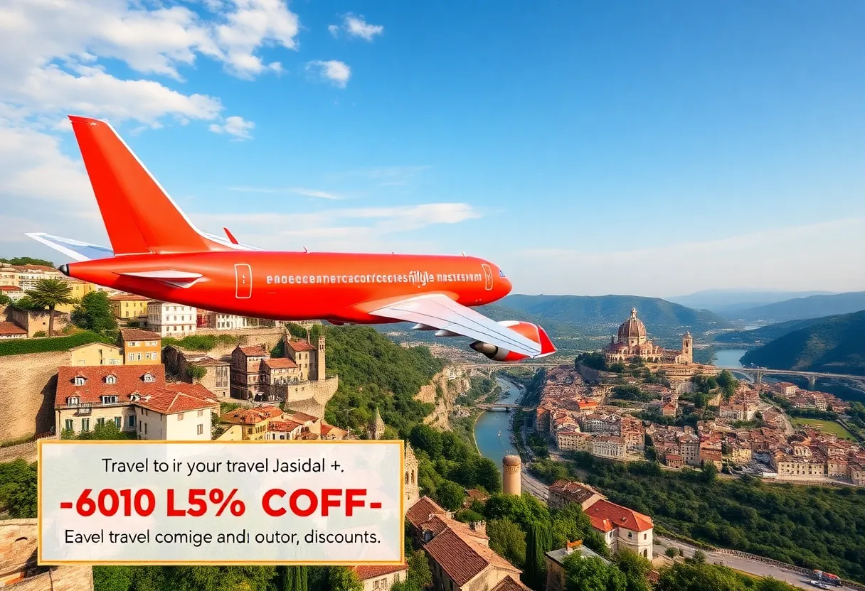 Airplane in flight over a beautiful European landscape symbolizing travel discounts.
