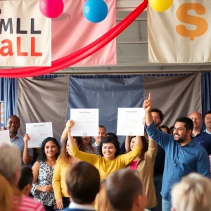 A group of small business owners celebrating at an awards ceremony.