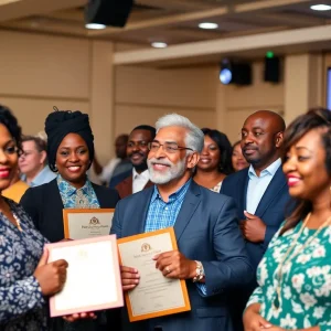 Small business owners being recognized at an awards ceremony