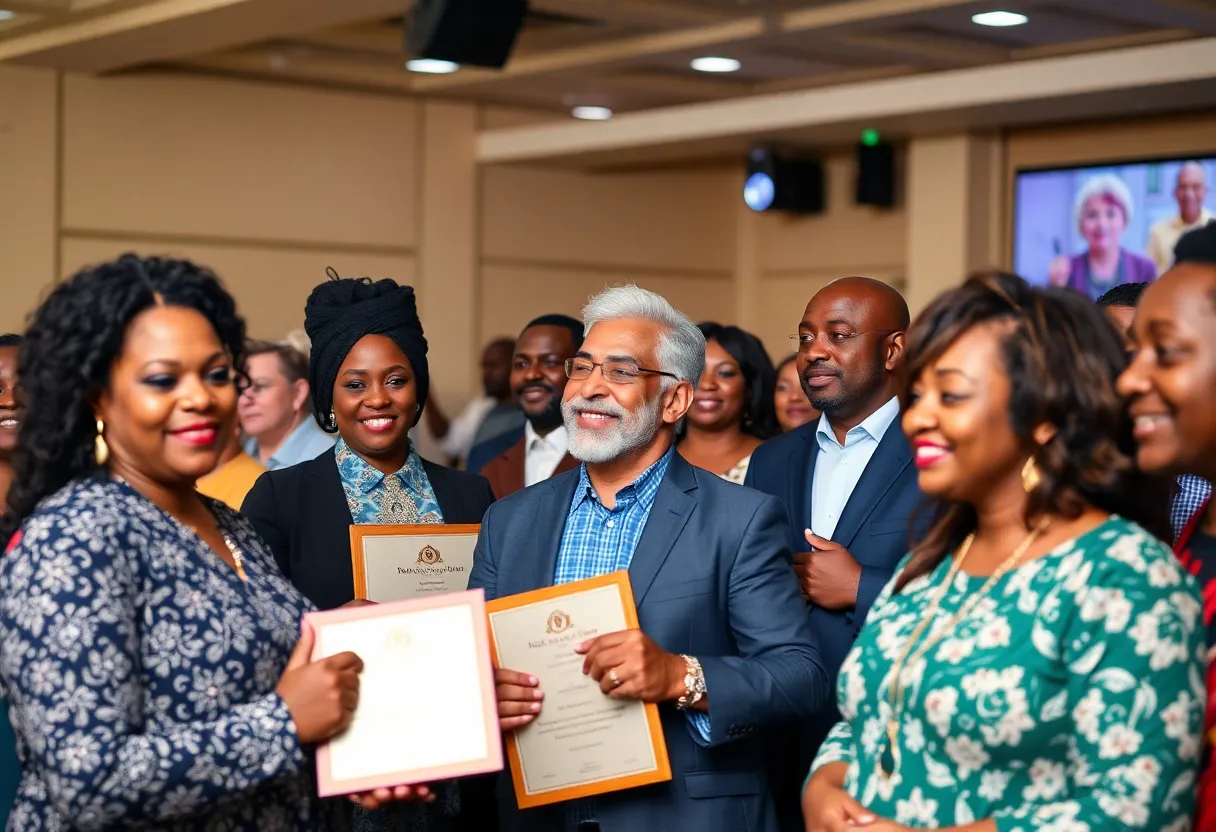 Small business owners being recognized at an awards ceremony
