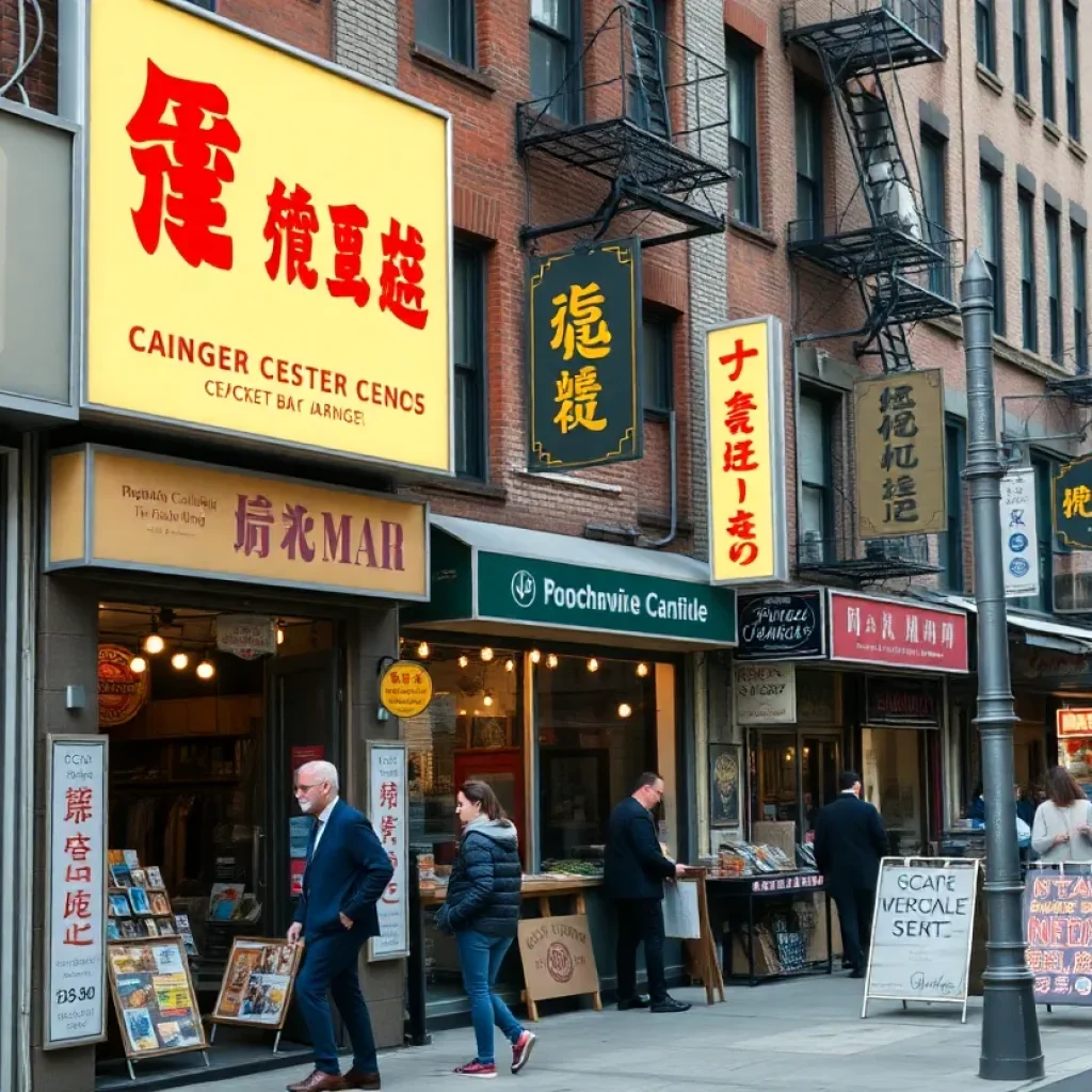 A vibrant street scene in New York City displaying small business storefronts and active customers.