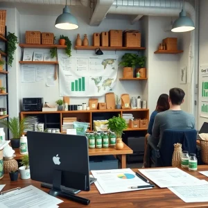 Workspace of a small online business highlighting eco-friendly products and tariff documentation.