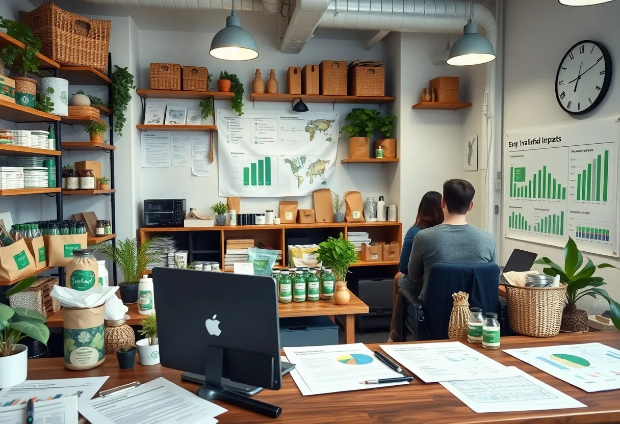 Workspace of a small online business highlighting eco-friendly products and tariff documentation.