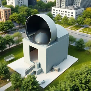 Compact SOLO™ micro-modular reactor in a city landscape promoting zero-emissions energy.