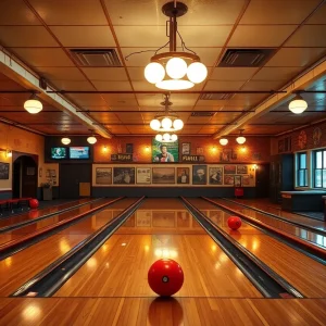 Interior of Solvay Recreation Alleys showing bowling lanes and equipment
