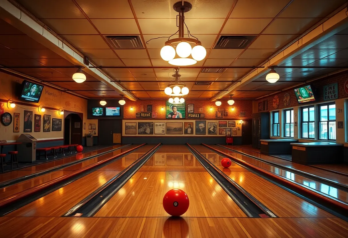 Interior of Solvay Recreation Alleys showing bowling lanes and equipment
