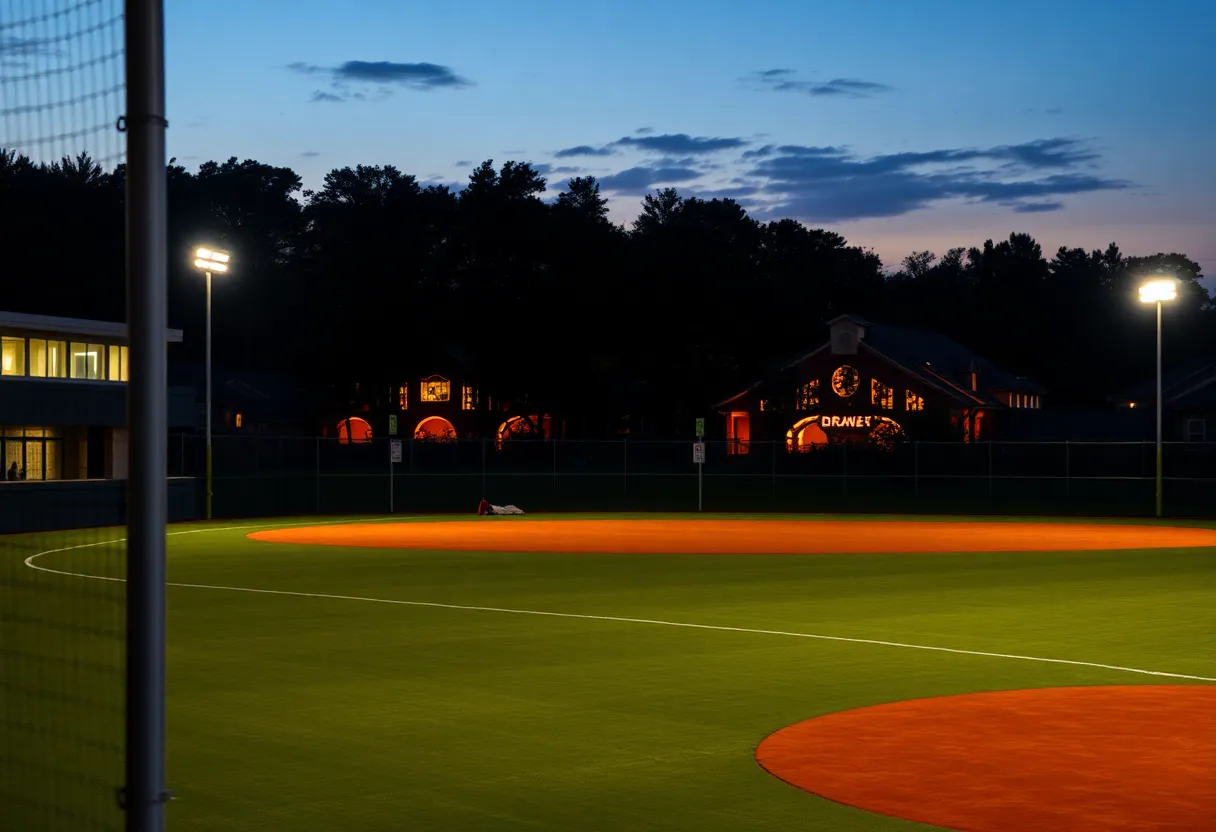 LED lights illuminating a school baseball field at sunset