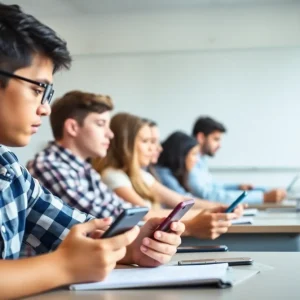 Students focused on learning in a classroom without smartphones