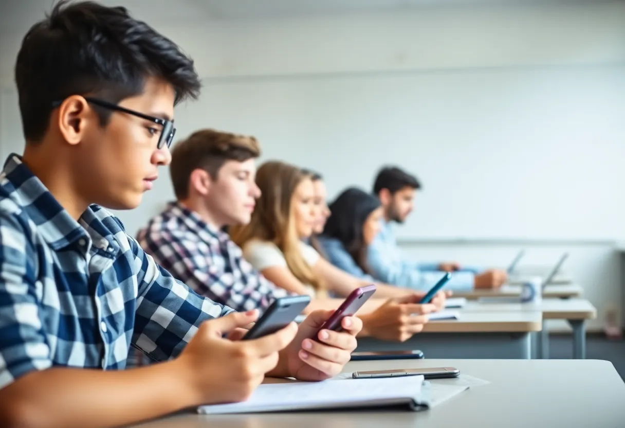 Students focused on learning in a classroom without smartphones