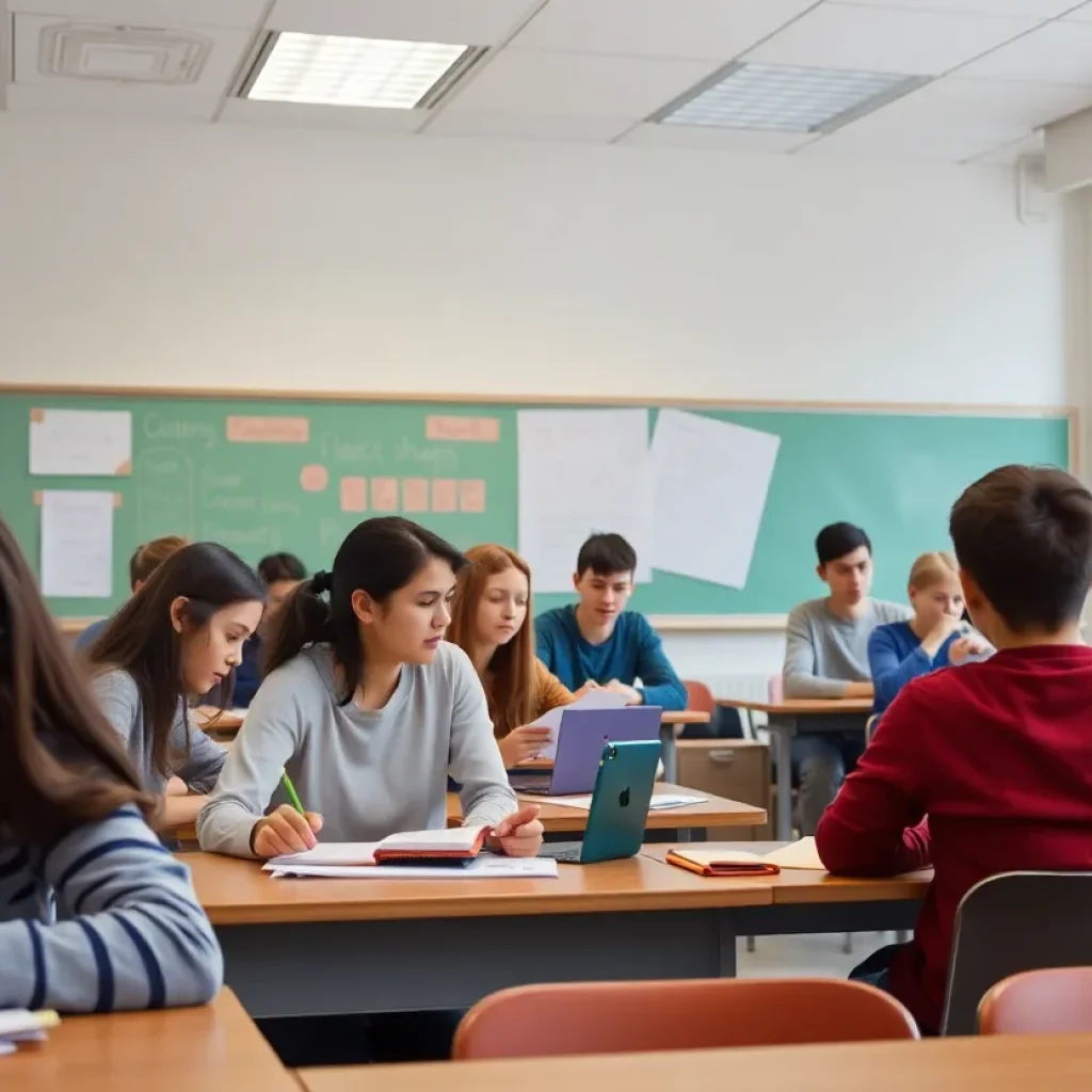 Classroom with students participating in learning without electronic distractions