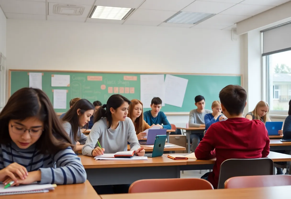 Classroom with students participating in learning without electronic distractions