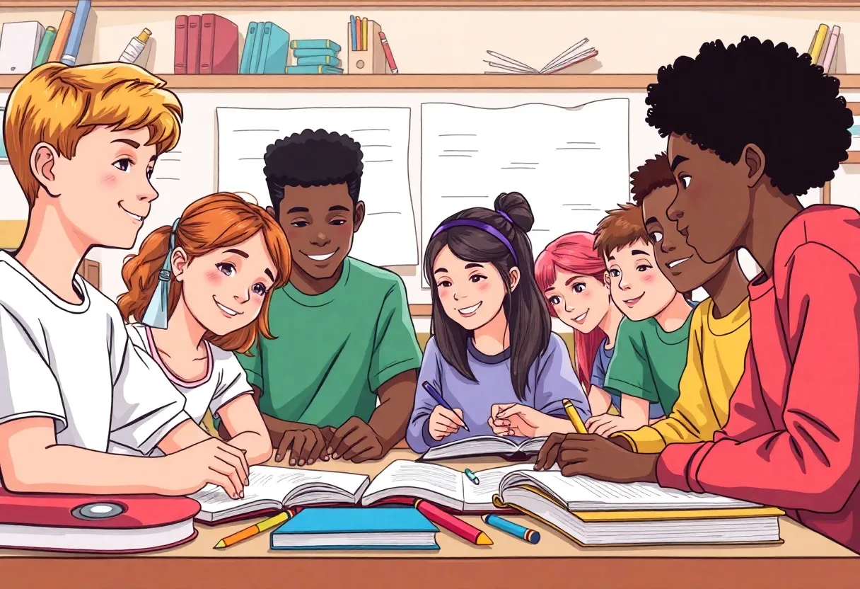 Diverse group of students studying together in a classroom