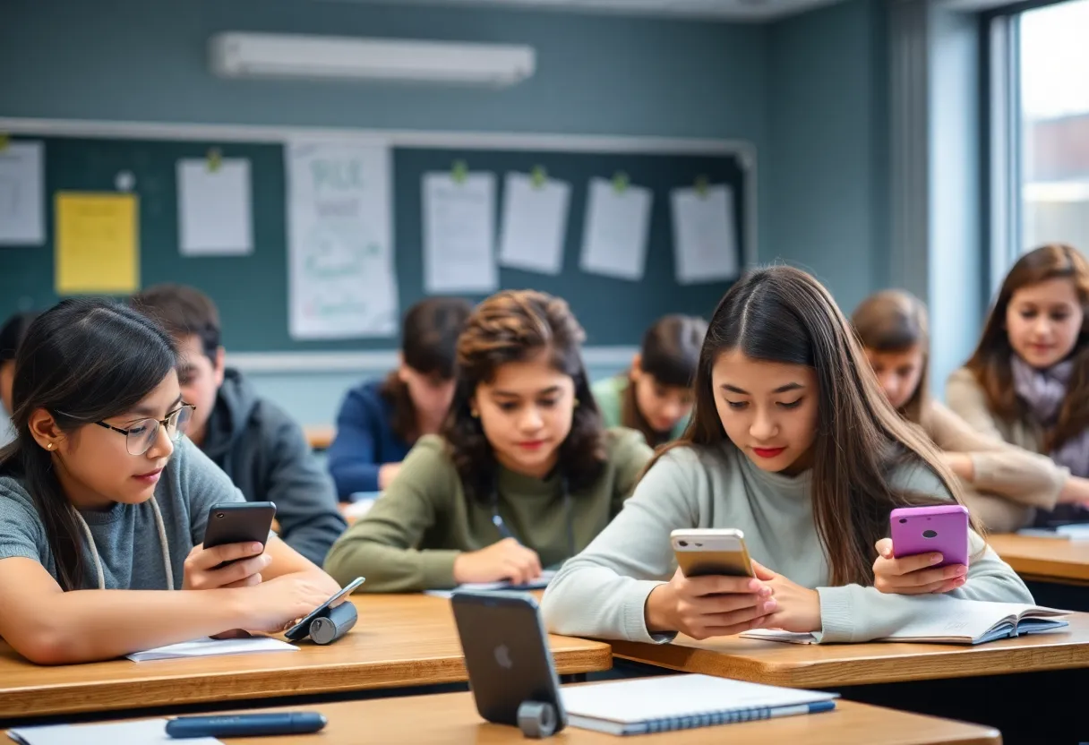 Students in a classroom focused on their studies without cellphone distractions