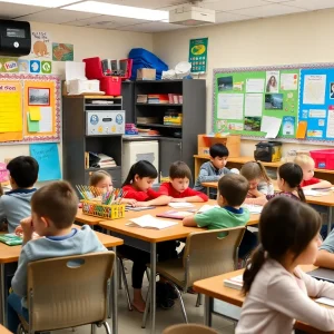 Classroom with students getting ready for school