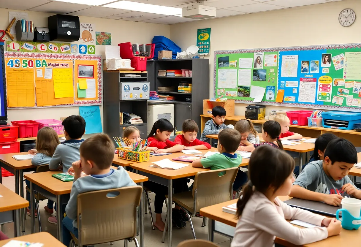 Classroom with students getting ready for school