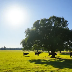 Sustainable beef farming practices with trees and cattle