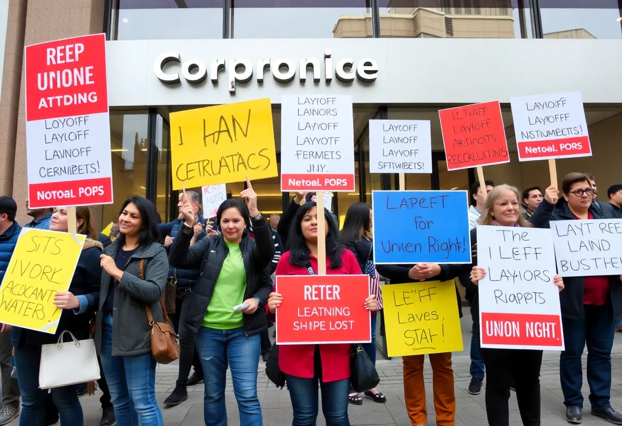 Employees protesting against TCGplayer layoffs outside their office
