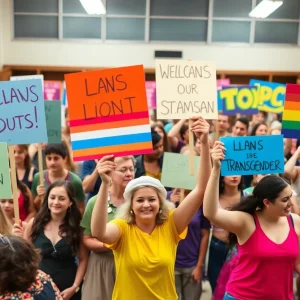 Protesters advocating for transgender rights at a school meeting in New York City.