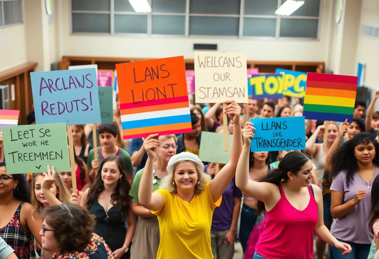 Protesters advocating for transgender rights at a school meeting in New York City.