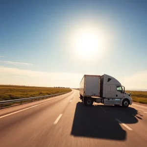 Truck driving on an open road representing freedom and employment opportunities.