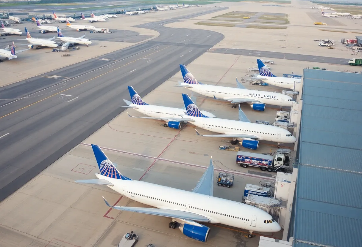 United Airlines planes at a crowded airport terminal